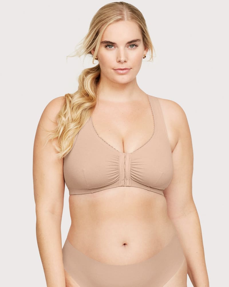 Front of a model wearing a size 46G/H Front-Closure Cotton T-Back Comfort Bra in Cafe by Glamorise. | dia_product_style_image_id:260697